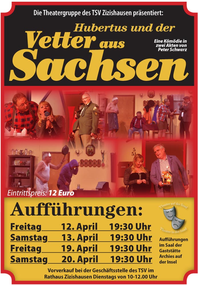 Werbeplakat der Theatergruppe des TSV Zizishausen: Hubertus und der Vetter aus Sachsen